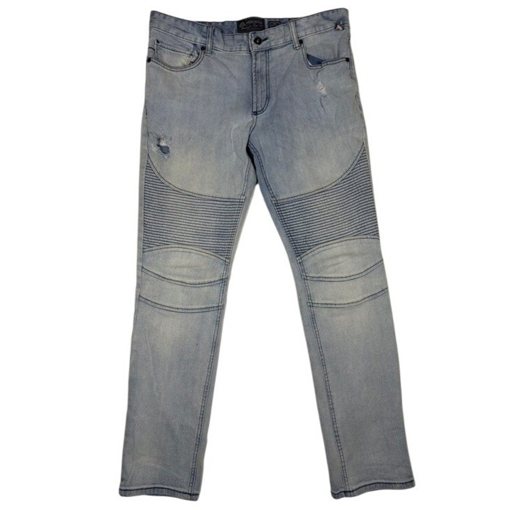 American Rag Jeans Mens 34x32 Moto Light Wash Distressed Ribbed Slim Tapered